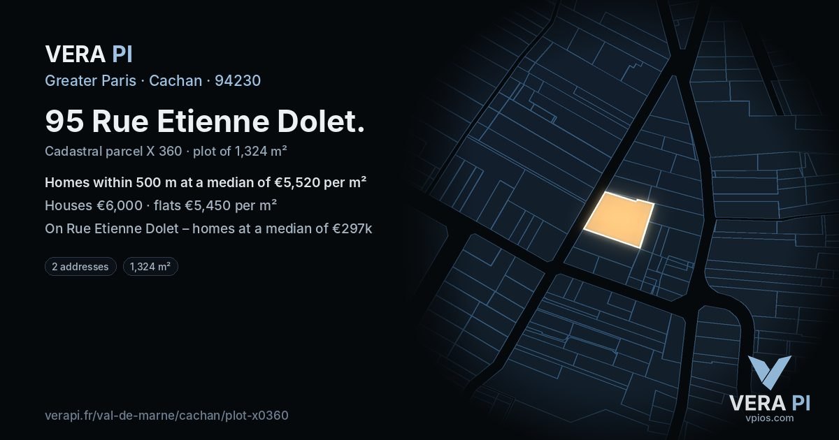 95 Rue Etienne Dolet, Cachan at night – the plot lit, the parcels around coloured by the prices near them