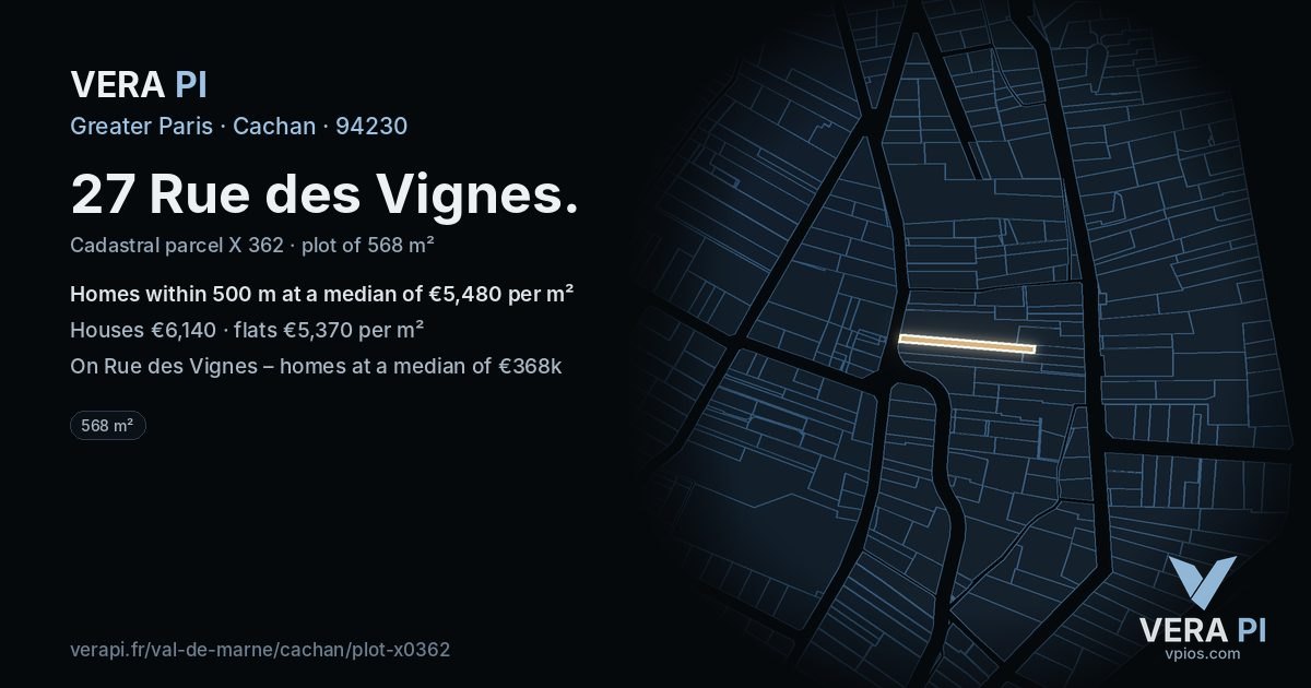 27 Rue des Vignes, Cachan at night – the plot lit, the parcels around coloured by the prices near them