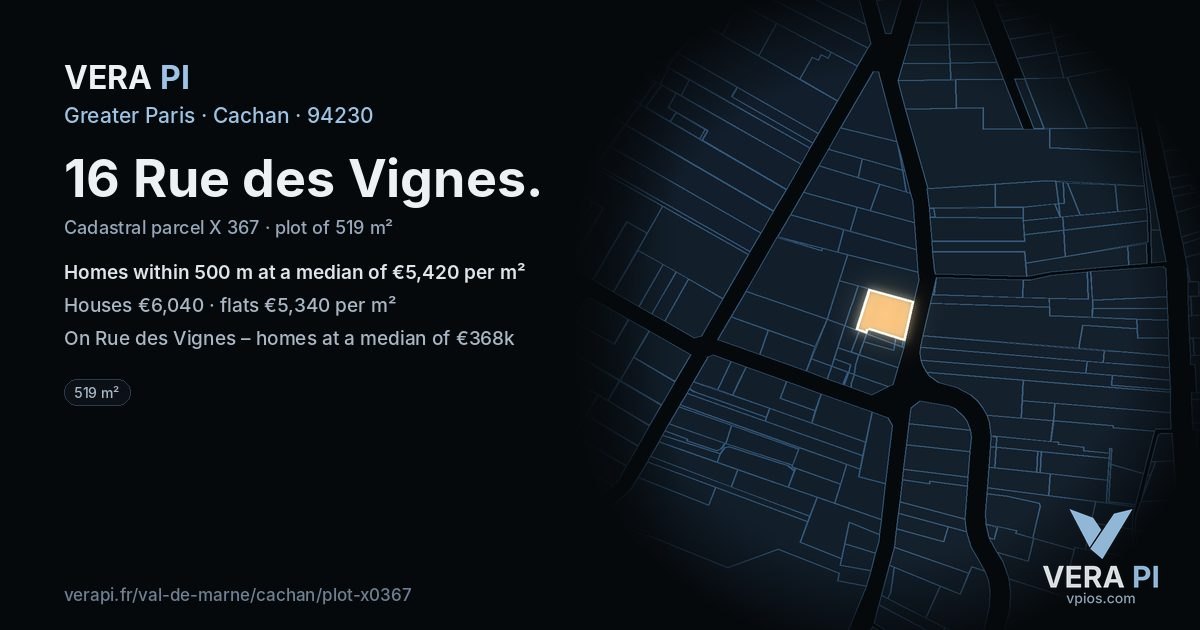 16 Rue des Vignes, Cachan at night – the plot lit, the parcels around coloured by the prices near them