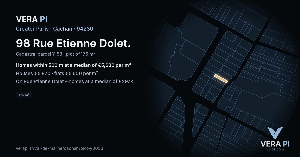 98 Rue Etienne Dolet, Cachan at night – the plot lit, the parcels around coloured by the prices near them