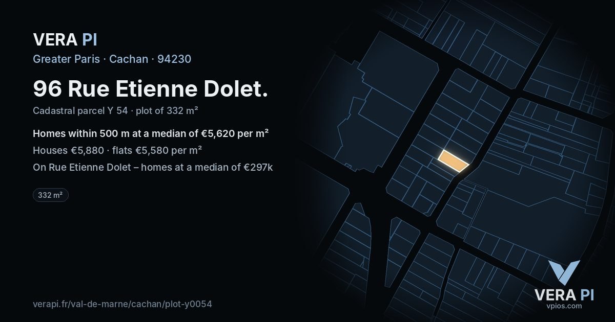 96 Rue Etienne Dolet, Cachan at night – the plot lit, the parcels around coloured by the prices near them