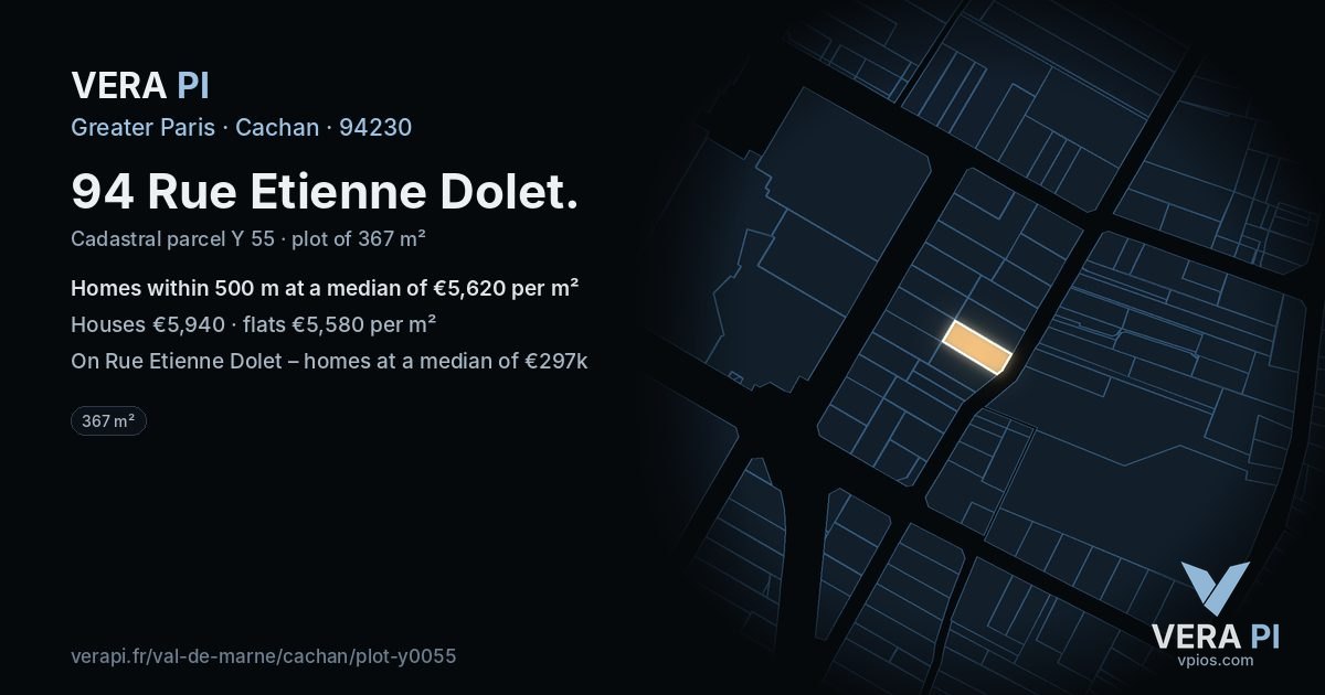 94 Rue Etienne Dolet, Cachan at night – the plot lit, the parcels around coloured by the prices near them