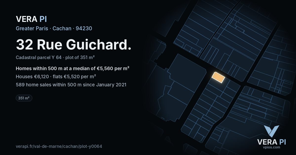 32 Rue Guichard, Cachan at night – the plot lit, the parcels around coloured by the prices near them
