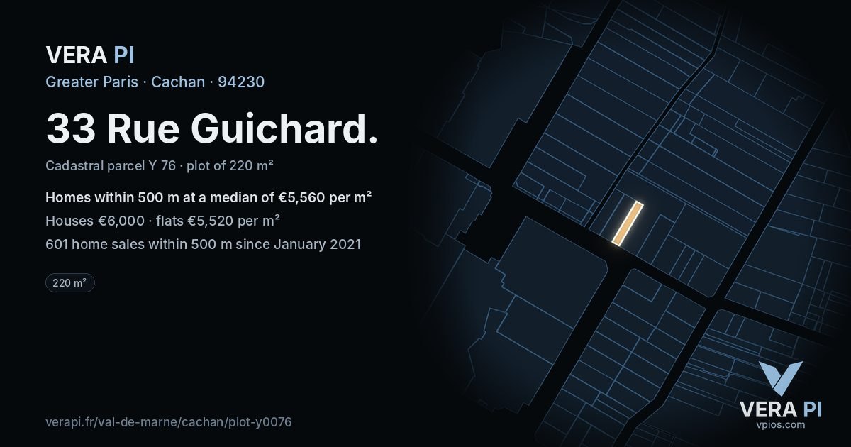 33 Rue Guichard, Cachan at night – the plot lit, the parcels around coloured by the prices near them