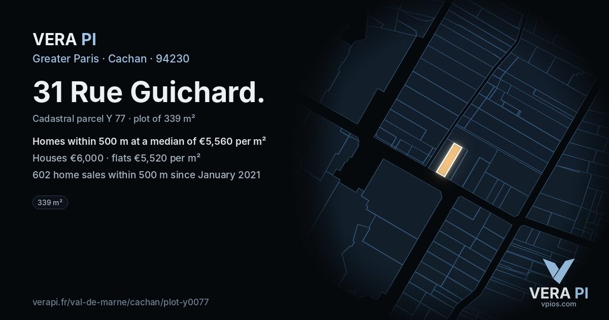 31 Rue Guichard, Cachan at night – the plot lit, the parcels around coloured by the prices near them