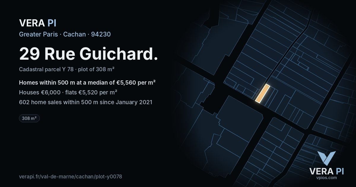29 Rue Guichard, Cachan at night – the plot lit, the parcels around coloured by the prices near them
