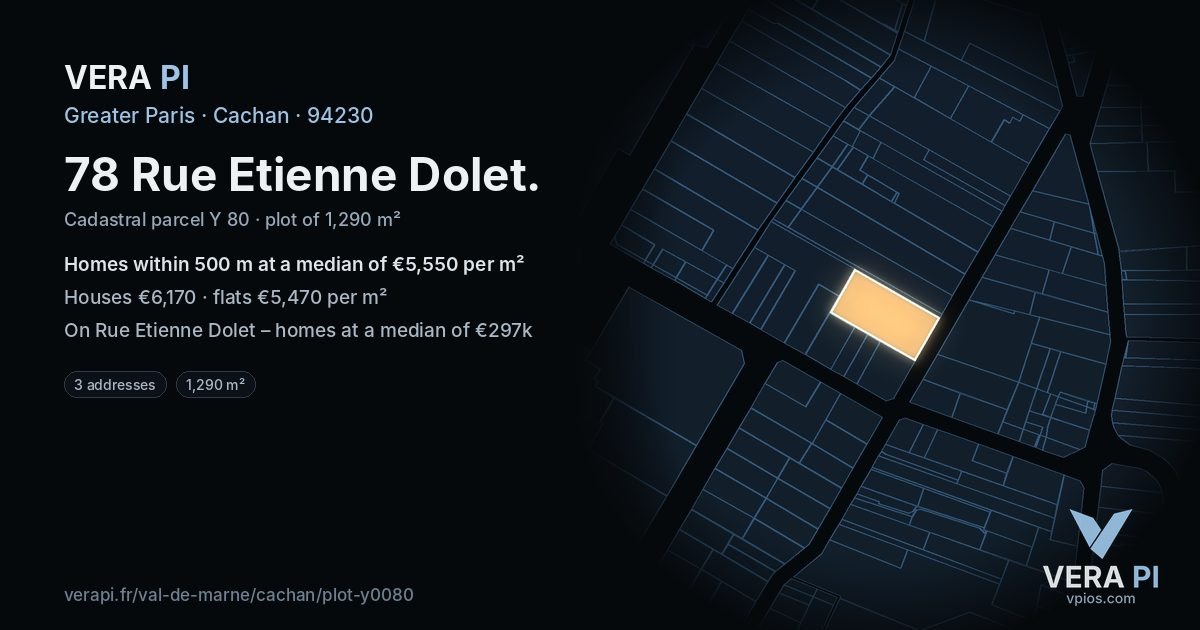 78 Rue Etienne Dolet, Cachan at night – the plot lit, the parcels around coloured by the prices near them
