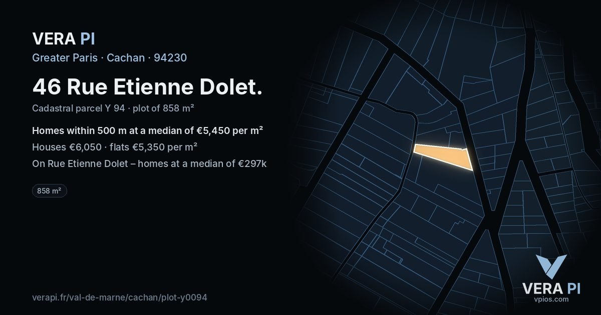 46 Rue Etienne Dolet, Cachan at night – the plot lit, the parcels around coloured by the prices near them