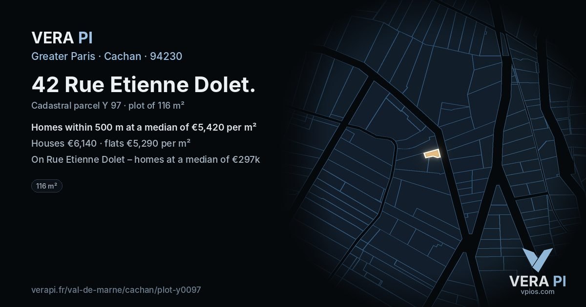 42 Rue Etienne Dolet, Cachan at night – the plot lit, the parcels around coloured by the prices near them