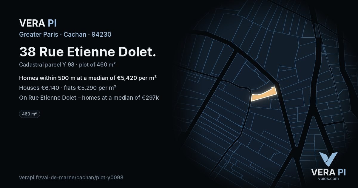 38 Rue Etienne Dolet, Cachan at night – the plot lit, the parcels around coloured by the prices near them