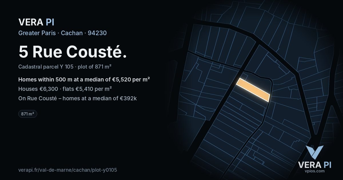 5 Rue Cousté, Cachan at night – the plot lit, the parcels around coloured by the prices near them