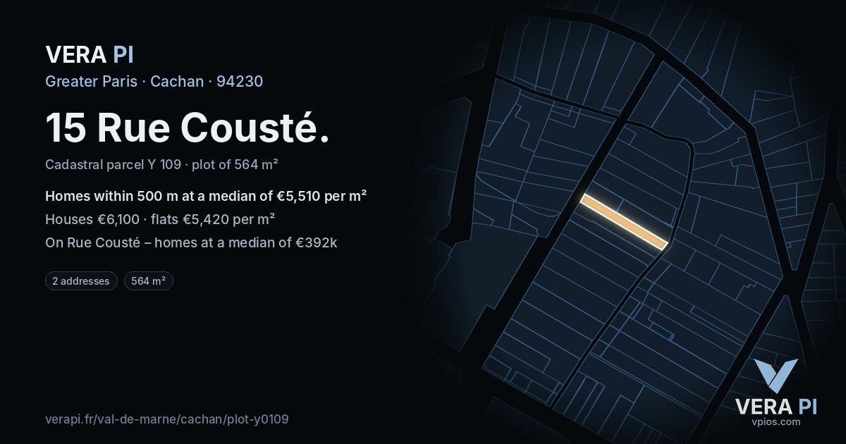 15 Rue Cousté, Cachan at night – the plot lit, the parcels around coloured by the prices near them