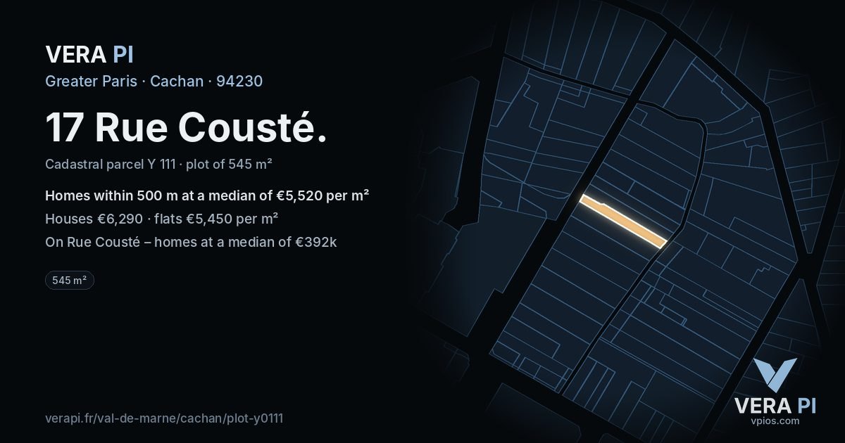 17 Rue Cousté, Cachan at night – the plot lit, the parcels around coloured by the prices near them