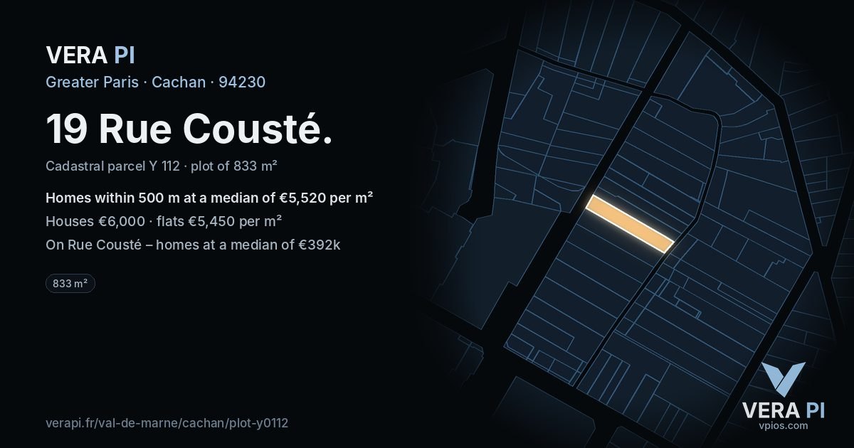 19 Rue Cousté, Cachan at night – the plot lit, the parcels around coloured by the prices near them