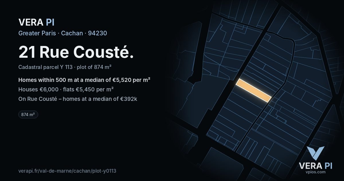 21 Rue Cousté, Cachan at night – the plot lit, the parcels around coloured by the prices near them