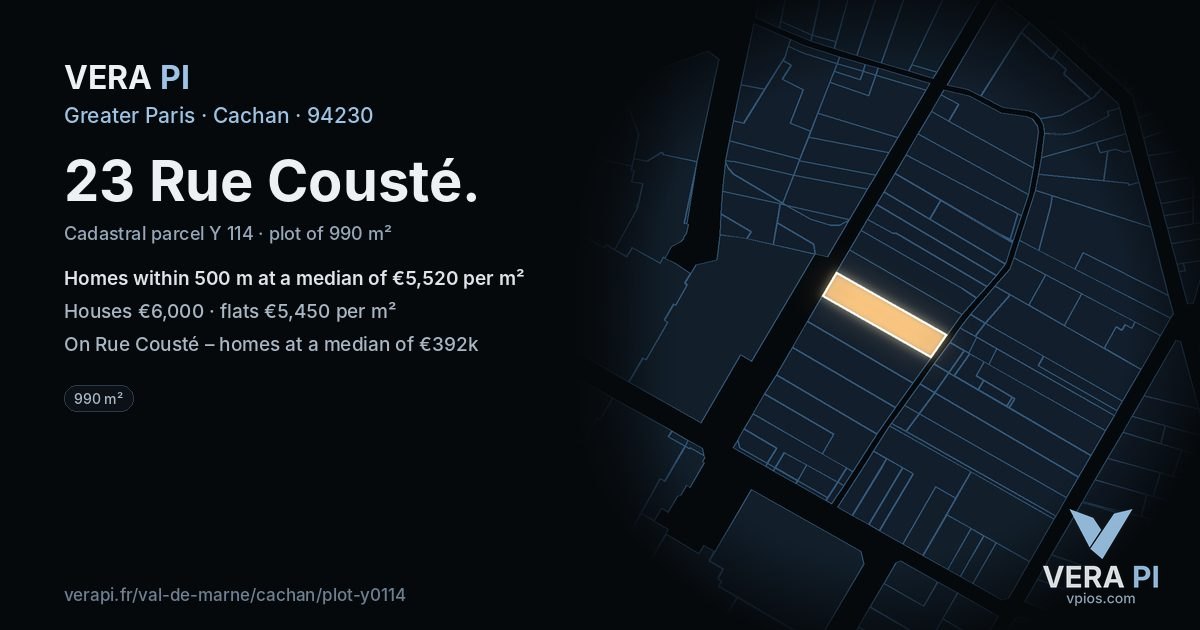 23 Rue Cousté, Cachan at night – the plot lit, the parcels around coloured by the prices near them