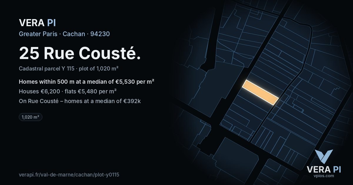 25 Rue Cousté, Cachan at night – the plot lit, the parcels around coloured by the prices near them