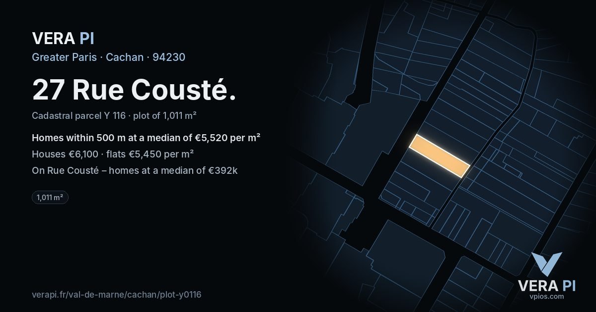 27 Rue Cousté, Cachan at night – the plot lit, the parcels around coloured by the prices near them
