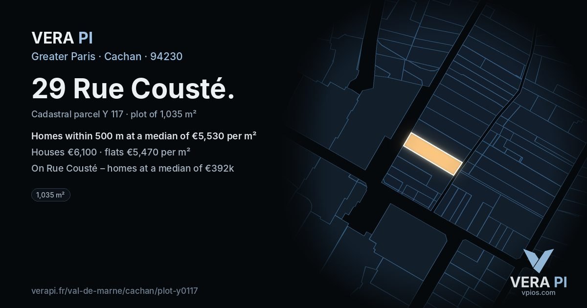 29 Rue Cousté, Cachan at night – the plot lit, the parcels around coloured by the prices near them
