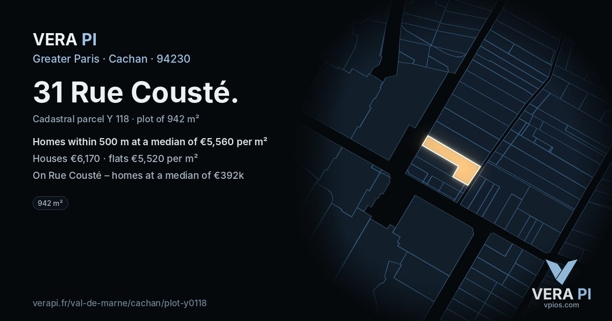 31 Rue Cousté, Cachan at night – the plot lit, the parcels around coloured by the prices near them