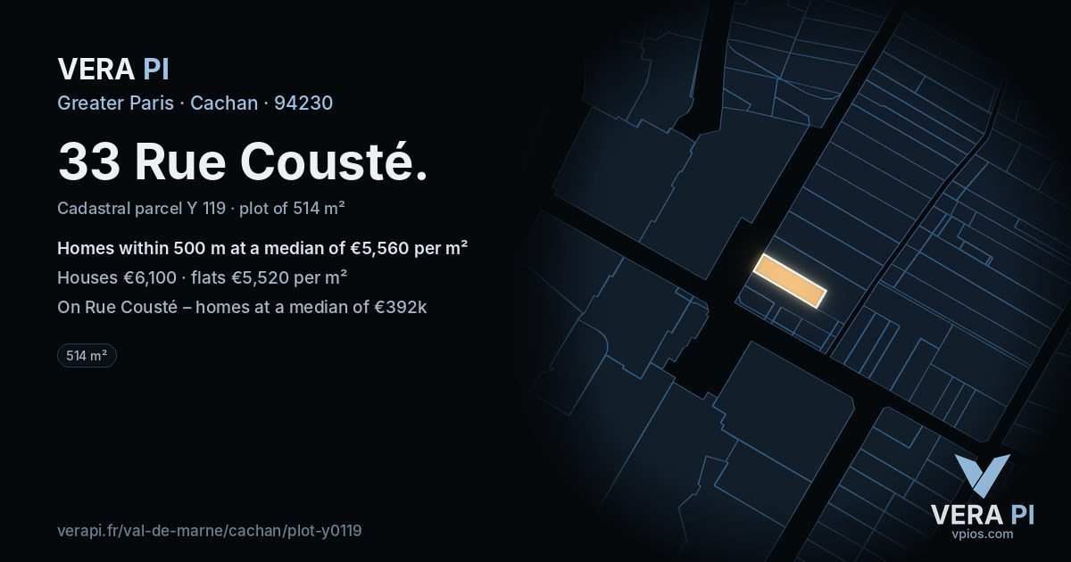 33 Rue Cousté, Cachan at night – the plot lit, the parcels around coloured by the prices near them