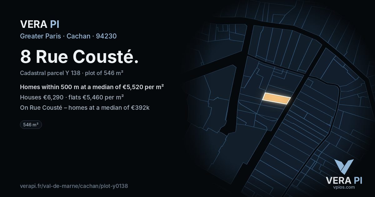 8 Rue Cousté, Cachan at night – the plot lit, the parcels around coloured by the prices near them