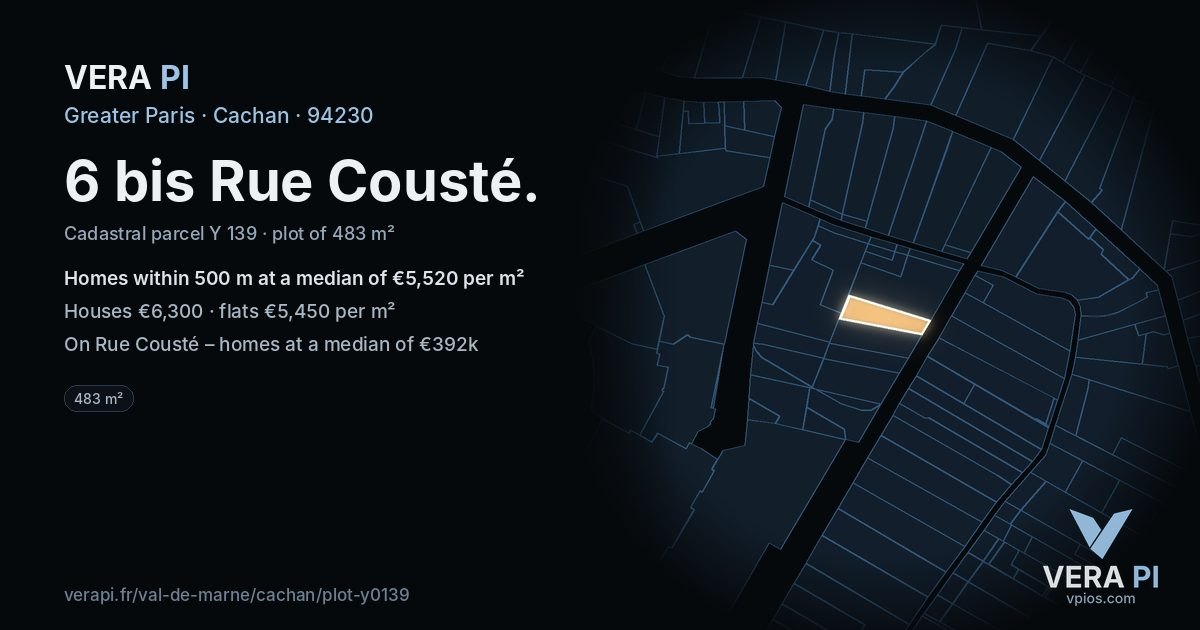 6 bis Rue Cousté, Cachan at night – the plot lit, the parcels around coloured by the prices near them