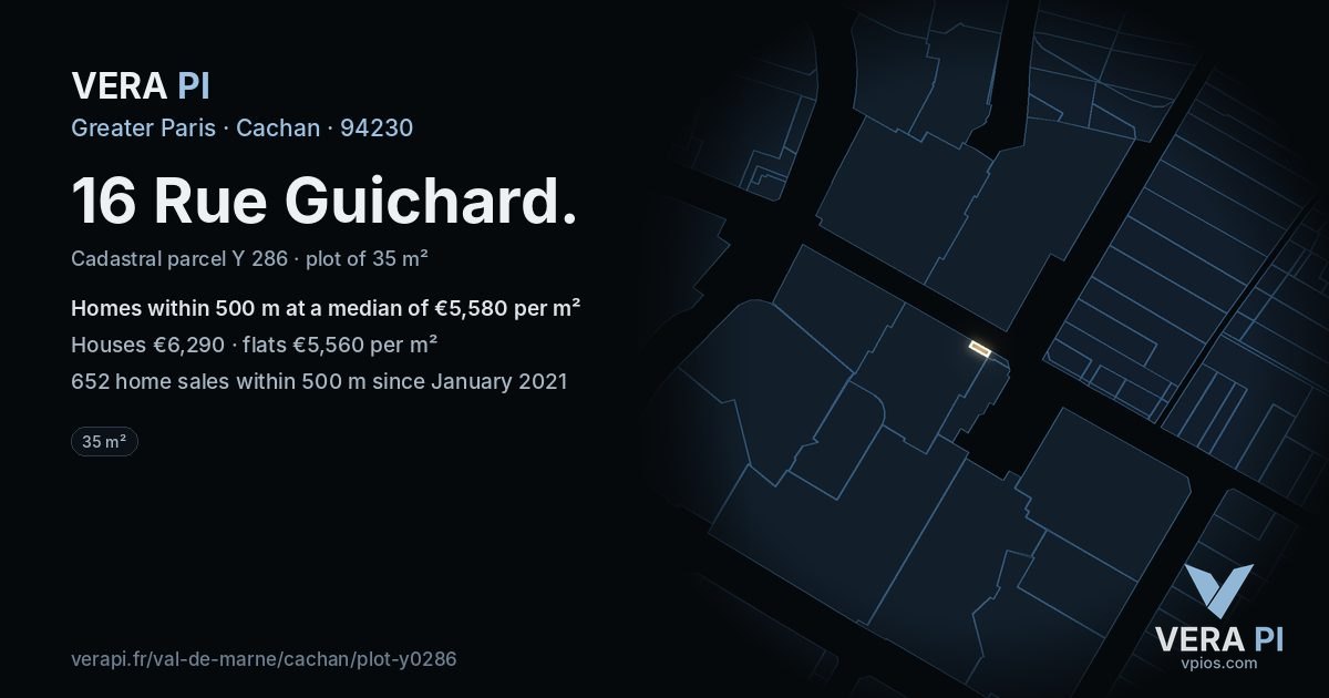 16 Rue Guichard, Cachan at night – the plot lit, the parcels around coloured by the prices near them