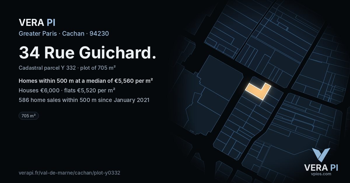 34 Rue Guichard, Cachan at night – the plot lit, the parcels around coloured by the prices near them