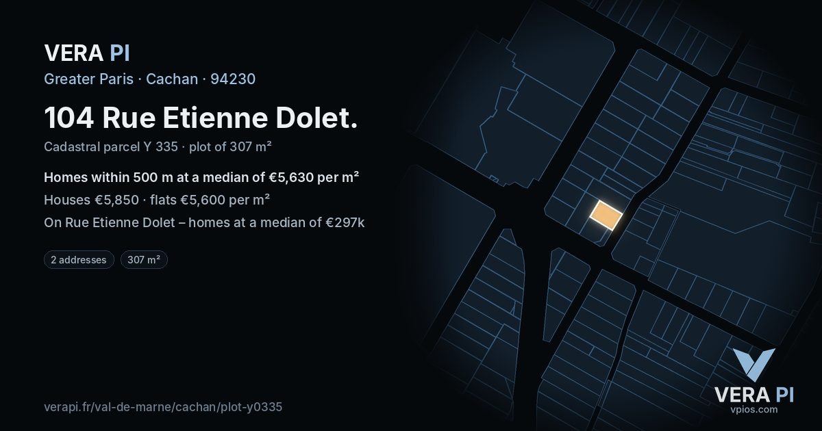 104 Rue Etienne Dolet, Cachan at night – the plot lit, the parcels around coloured by the prices near them