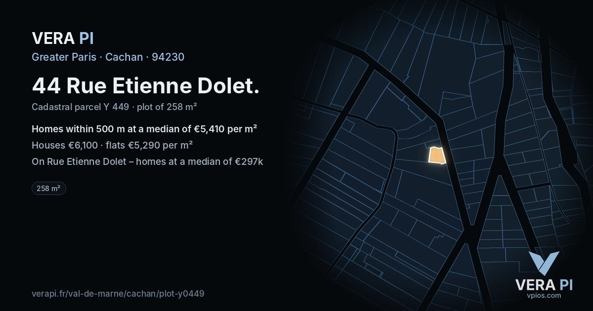 44 Rue Etienne Dolet, Cachan at night – the plot lit, the parcels around coloured by the prices near them