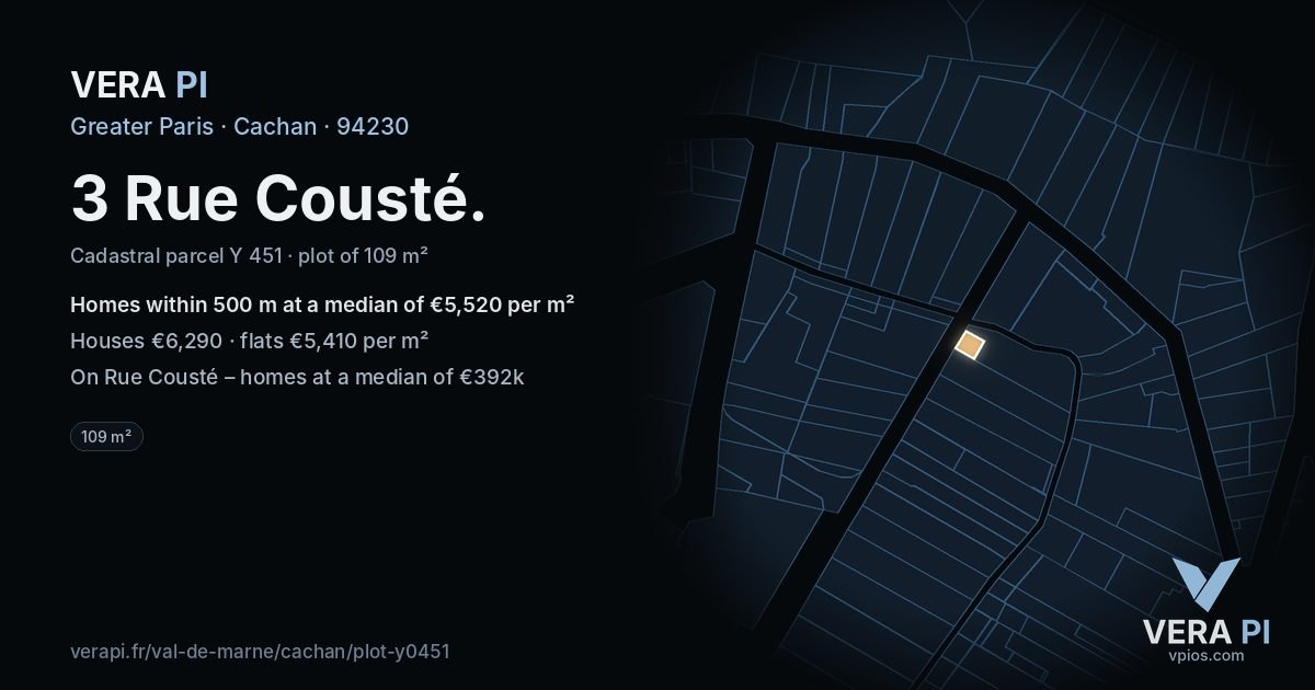 3 Rue Cousté, Cachan at night – the plot lit, the parcels around coloured by the prices near them
