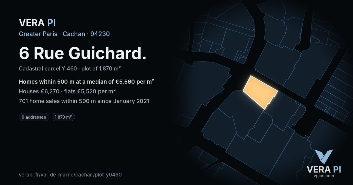 6 Rue Guichard, Cachan at night – the plot lit, the parcels around coloured by the prices near them