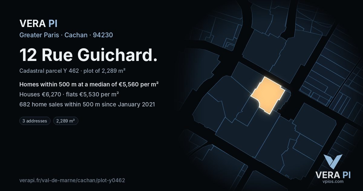 12 Rue Guichard, Cachan at night – the plot lit, the parcels around coloured by the prices near them