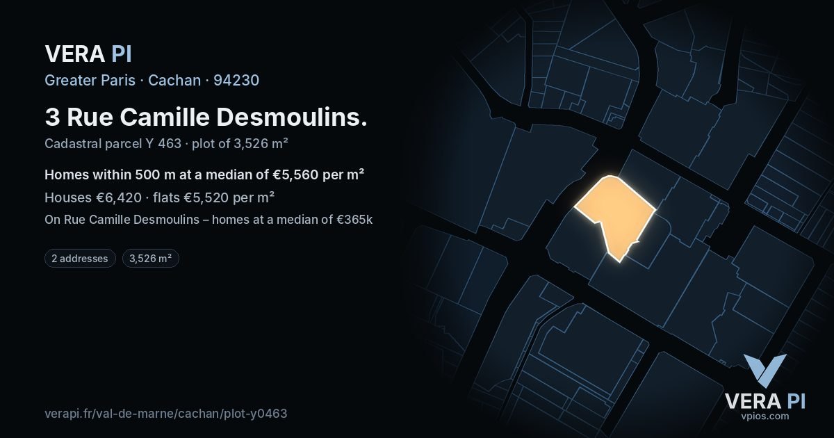 3 Rue Camille Desmoulins, Cachan at night – the plot lit, the parcels around coloured by the prices near them