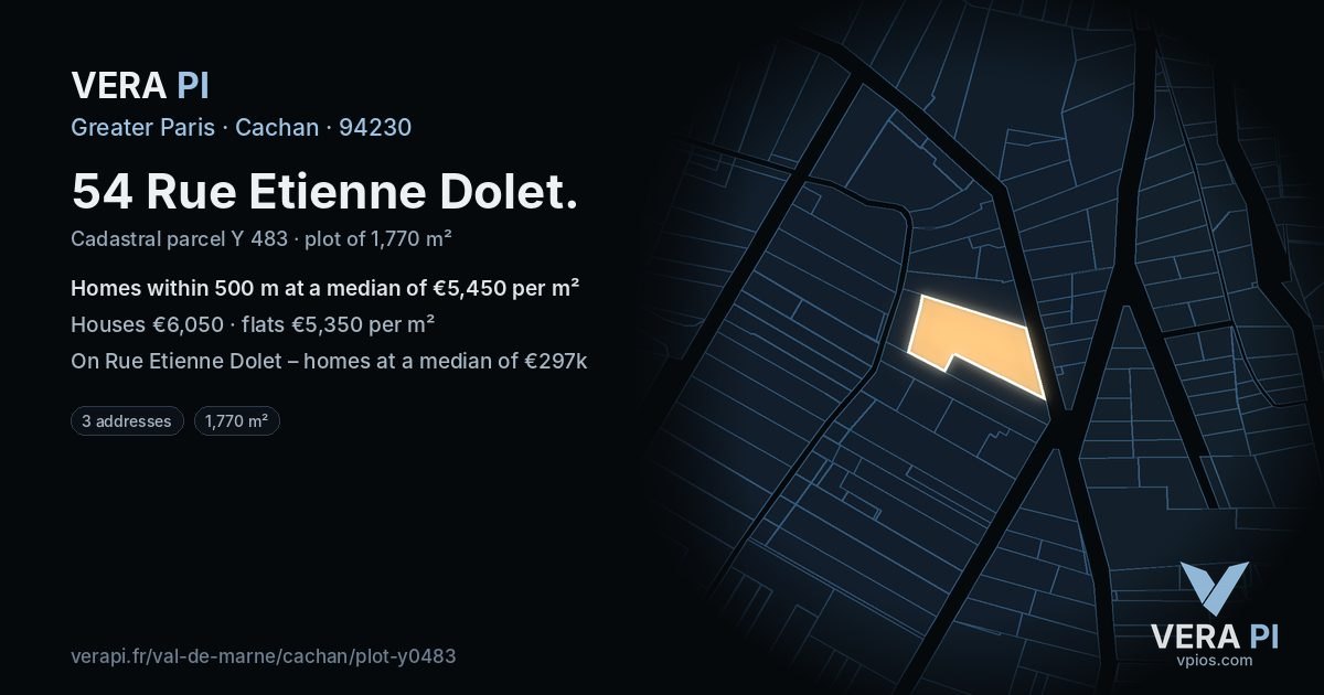 54 Rue Etienne Dolet, Cachan at night – the plot lit, the parcels around coloured by the prices near them