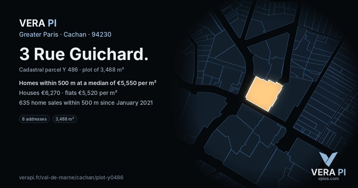 3 Rue Guichard, Cachan at night – the plot lit, the parcels around coloured by the prices near them