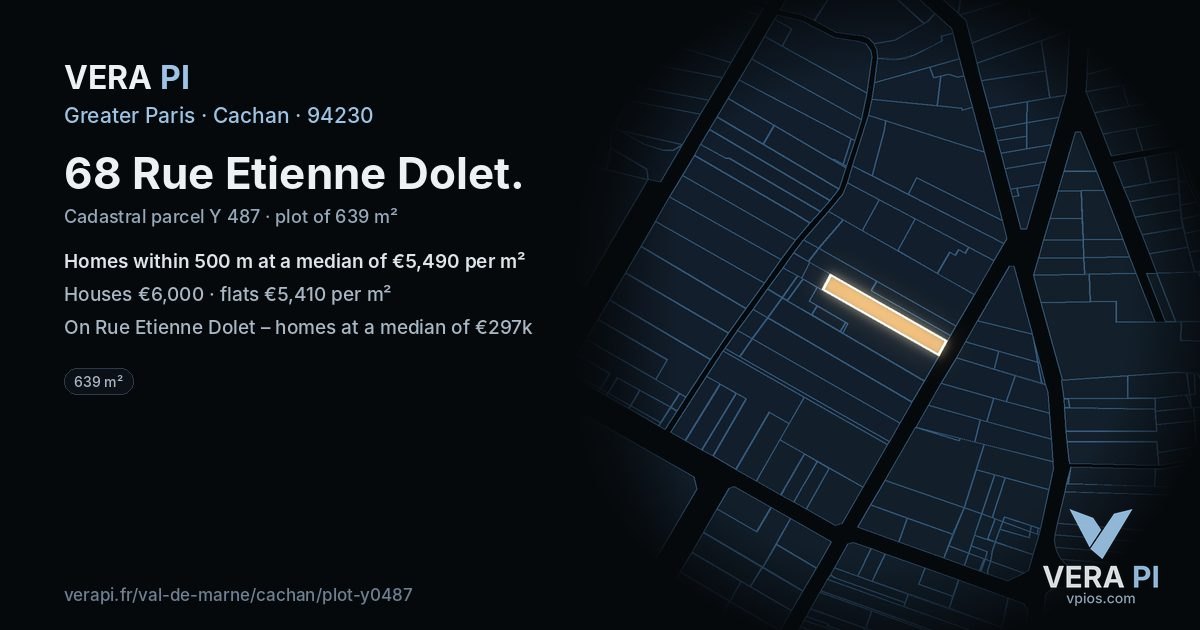 68 Rue Etienne Dolet, Cachan at night – the plot lit, the parcels around coloured by the prices near them