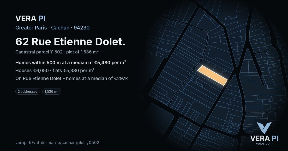 62 Rue Etienne Dolet, Cachan at night – the plot lit, the parcels around coloured by the prices near them