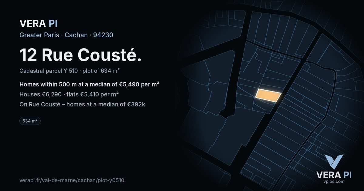 12 Rue Cousté, Cachan at night – the plot lit, the parcels around coloured by the prices near them