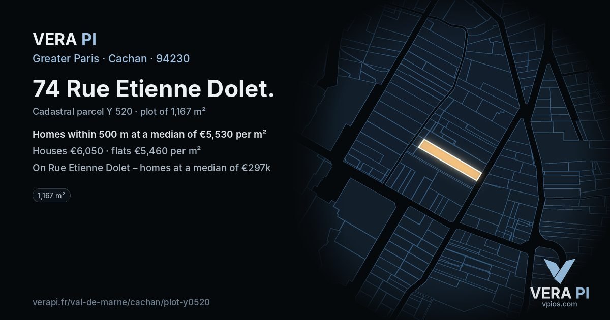 74 Rue Etienne Dolet, Cachan at night – the plot lit, the parcels around coloured by the prices near them