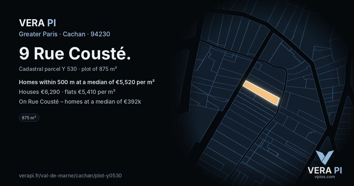 9 Rue Cousté, Cachan at night – the plot lit, the parcels around coloured by the prices near them