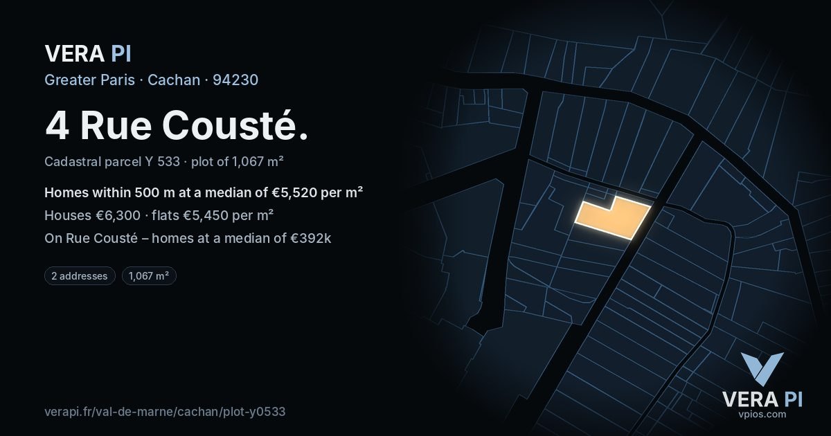 4 Rue Cousté, Cachan at night – the plot lit, the parcels around coloured by the prices near them