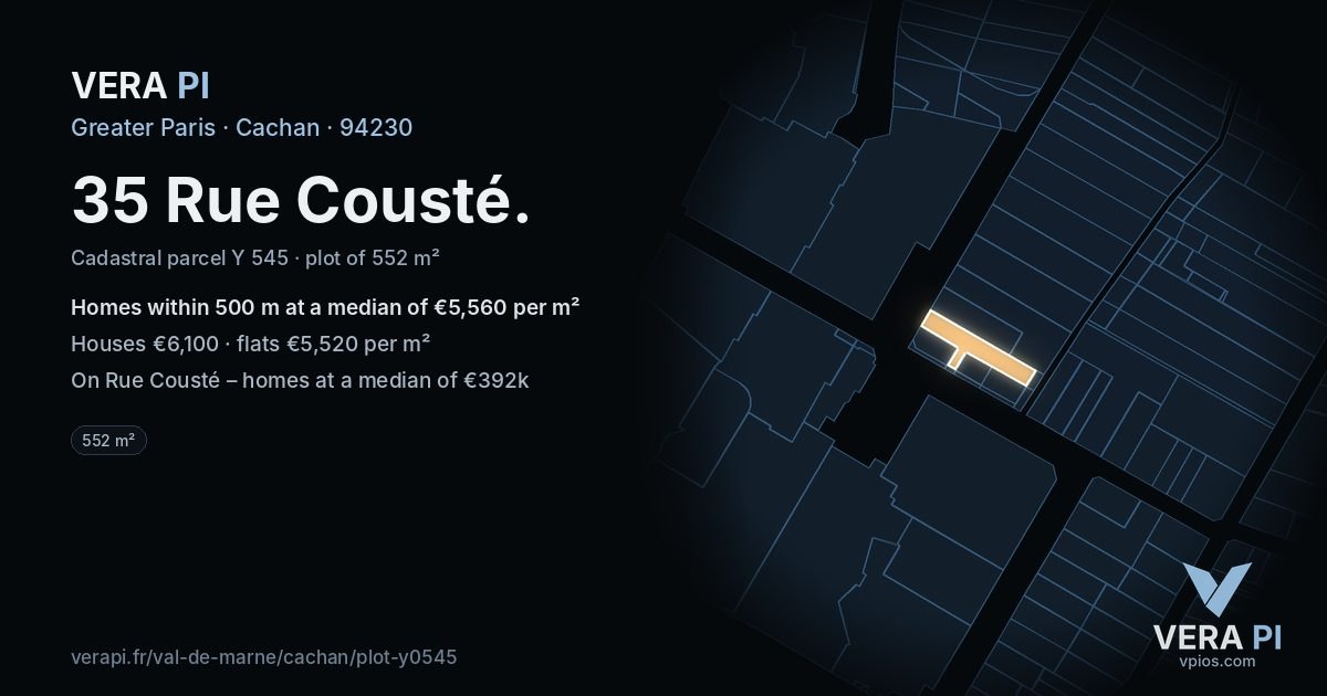 35 Rue Cousté, Cachan at night – the plot lit, the parcels around coloured by the prices near them