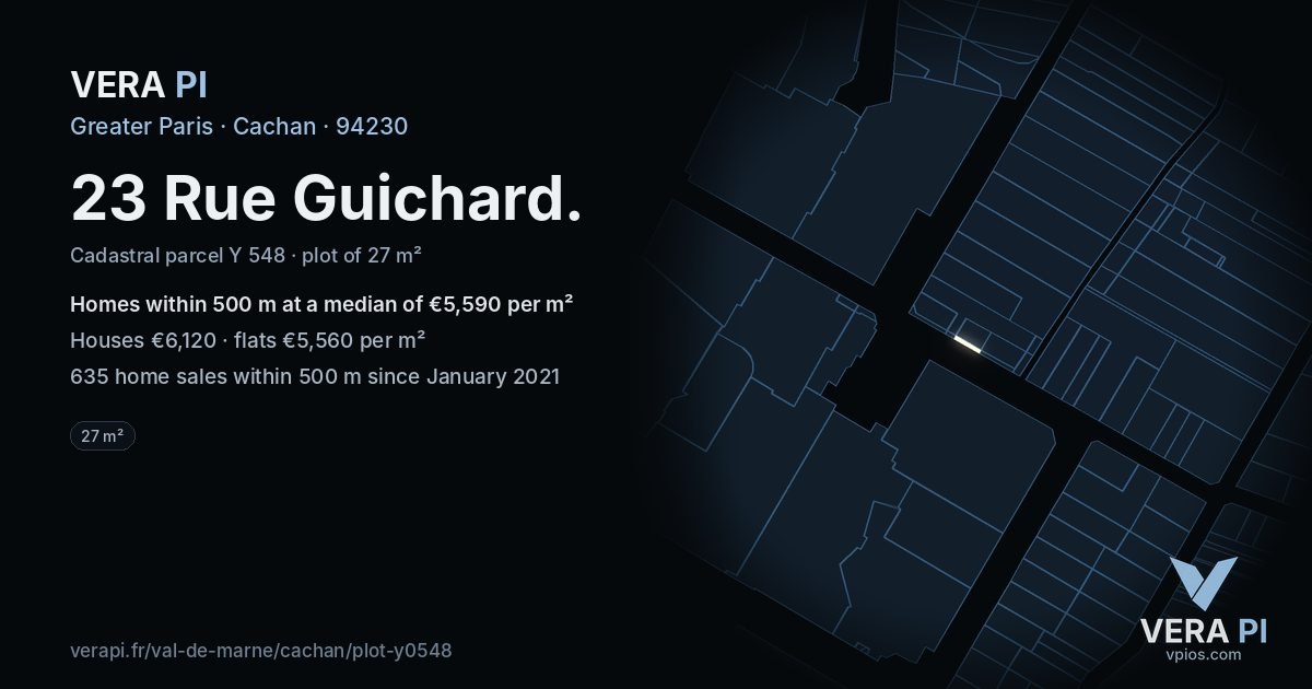 23 Rue Guichard, Cachan at night – the plot lit, the parcels around coloured by the prices near them