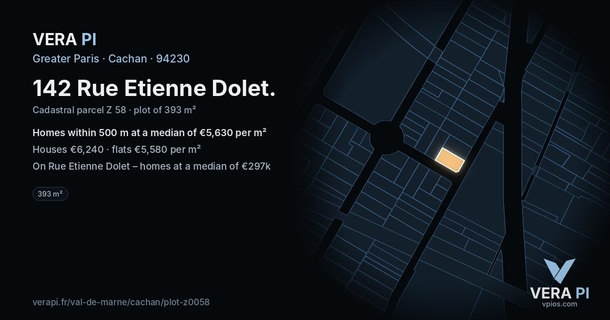 142 Rue Etienne Dolet, Cachan at night – the plot lit, the parcels around coloured by the prices near them