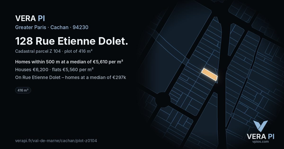 128 Rue Etienne Dolet, Cachan at night – the plot lit, the parcels around coloured by the prices near them