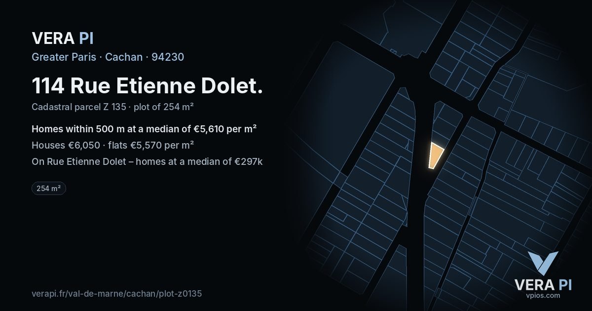 114 Rue Etienne Dolet, Cachan at night – the plot lit, the parcels around coloured by the prices near them