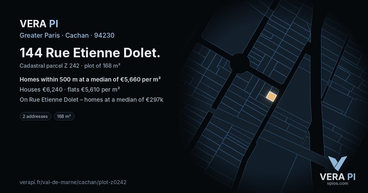 144 Rue Etienne Dolet, Cachan at night – the plot lit, the parcels around coloured by the prices near them