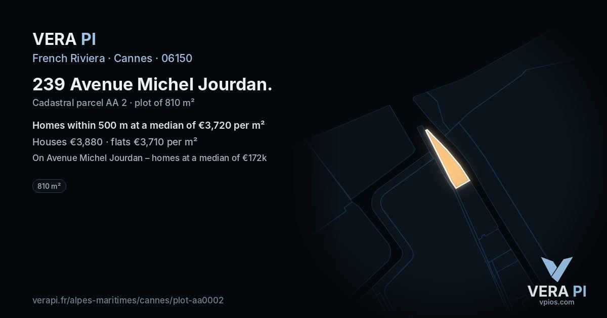 239 Avenue Michel Jourdan, Cannes at night – the plot lit, the parcels around coloured by the prices near them